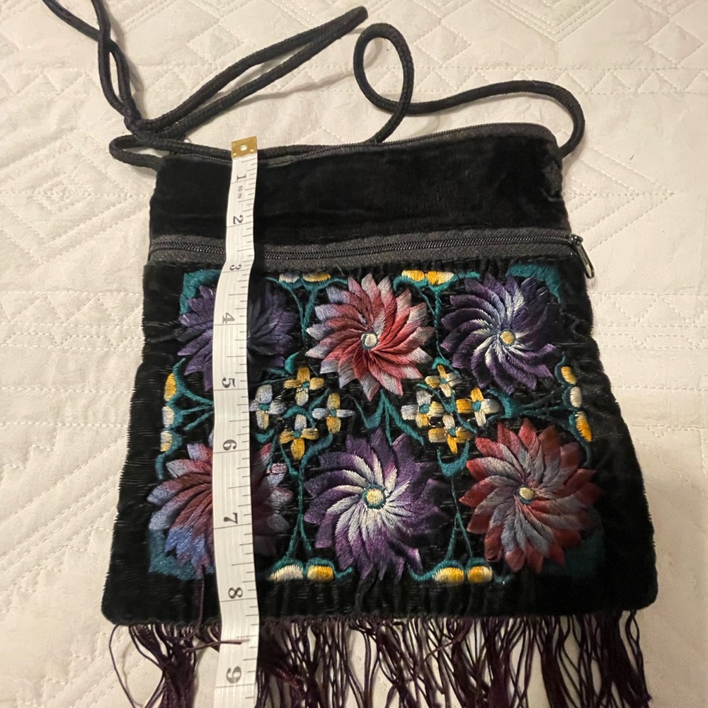 Floral Embroidered Black Velvet Crossbody Bag - Picture 7 of 7